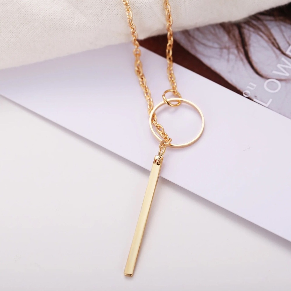 NEW Dainty 18K Stainless Steel Cylindrical And Bar Y Necklace - Picture 1 of 11